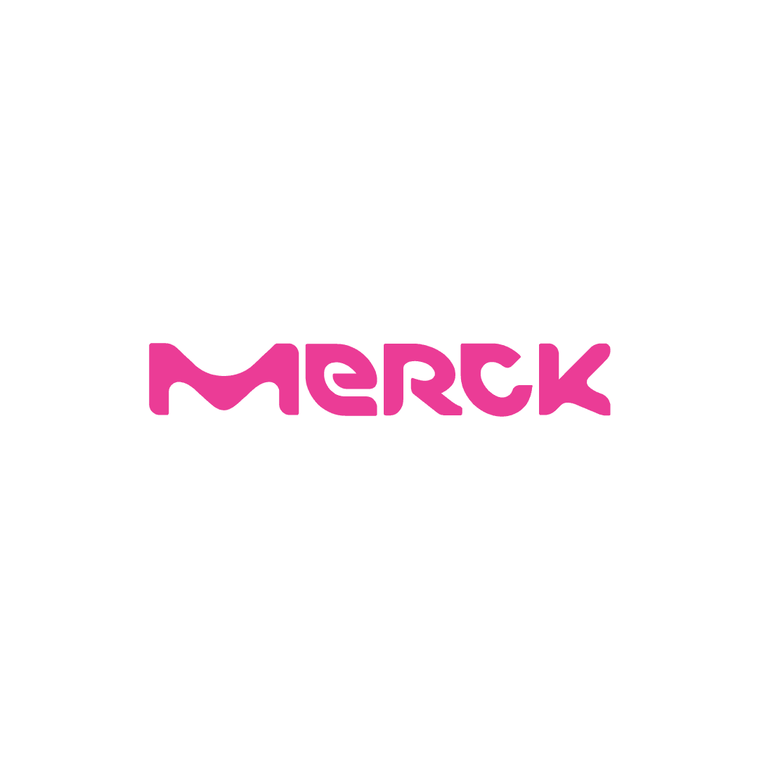 Es ist das pinke Logo von Merck zu sehen.